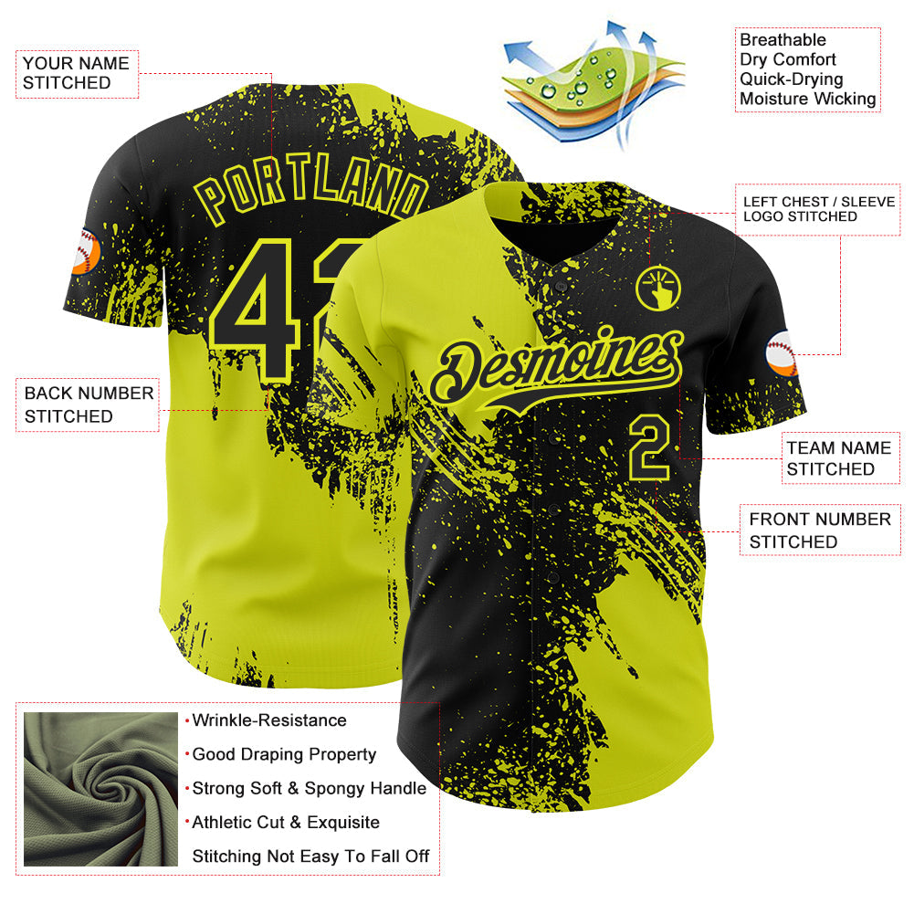 Custom Black-Neon Yellow Abstract Brush Stroke Authentic Baseball Jersey