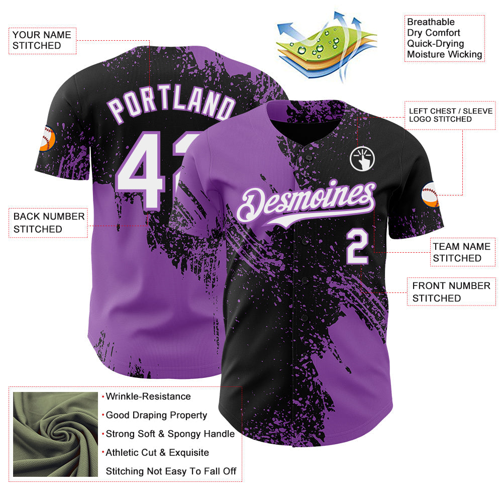 Custom Black White-Medium Purple Abstract Brush Stroke Authentic Baseball Jersey