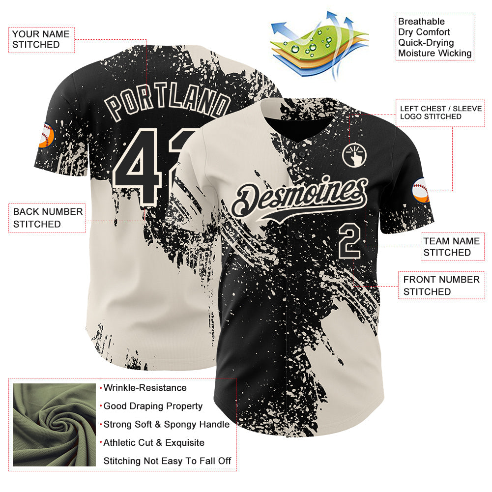 Custom Black-Cream Abstract Brush Stroke Authentic Baseball Jersey