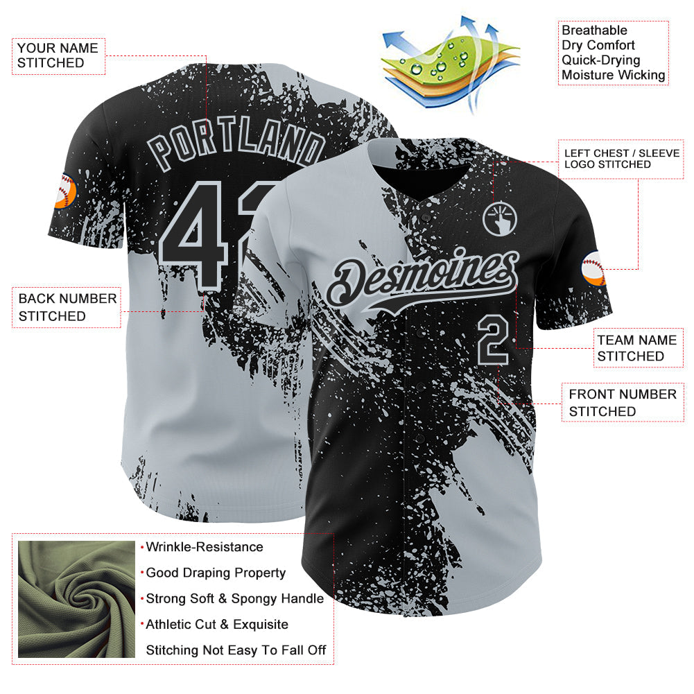 Custom Black-Silver Abstract Brush Stroke Authentic Baseball Jersey