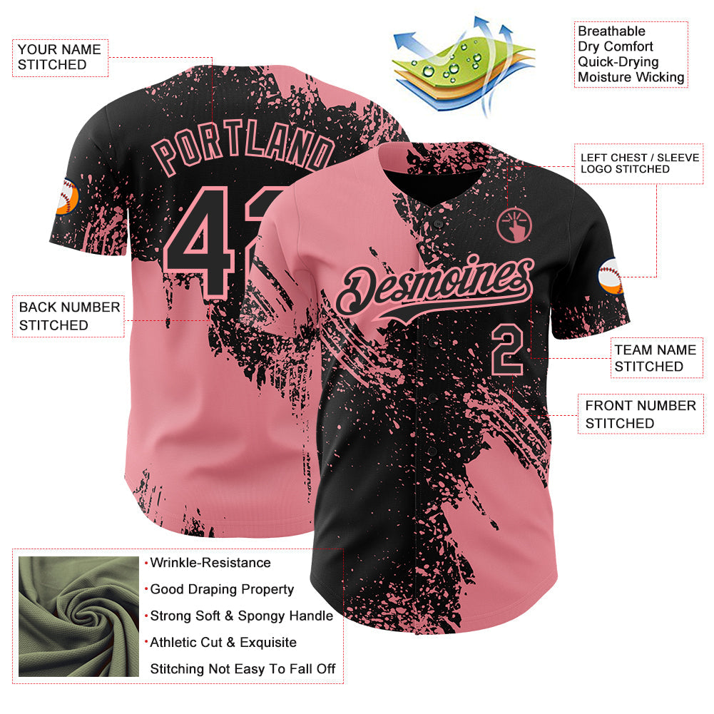 Custom Black-Medium Pink Abstract Brush Stroke Authentic Baseball Jersey