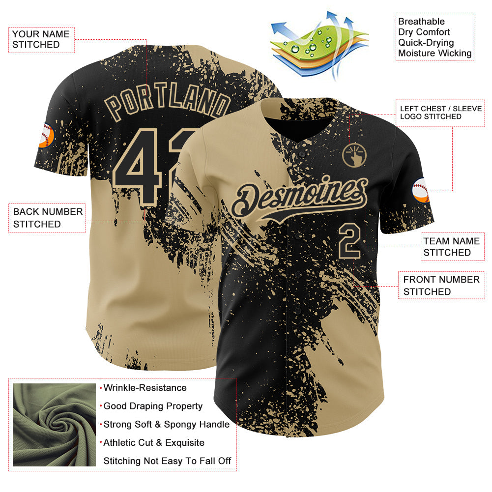 Custom Black-Vegas Gold Abstract Brush Stroke Authentic Baseball Jersey