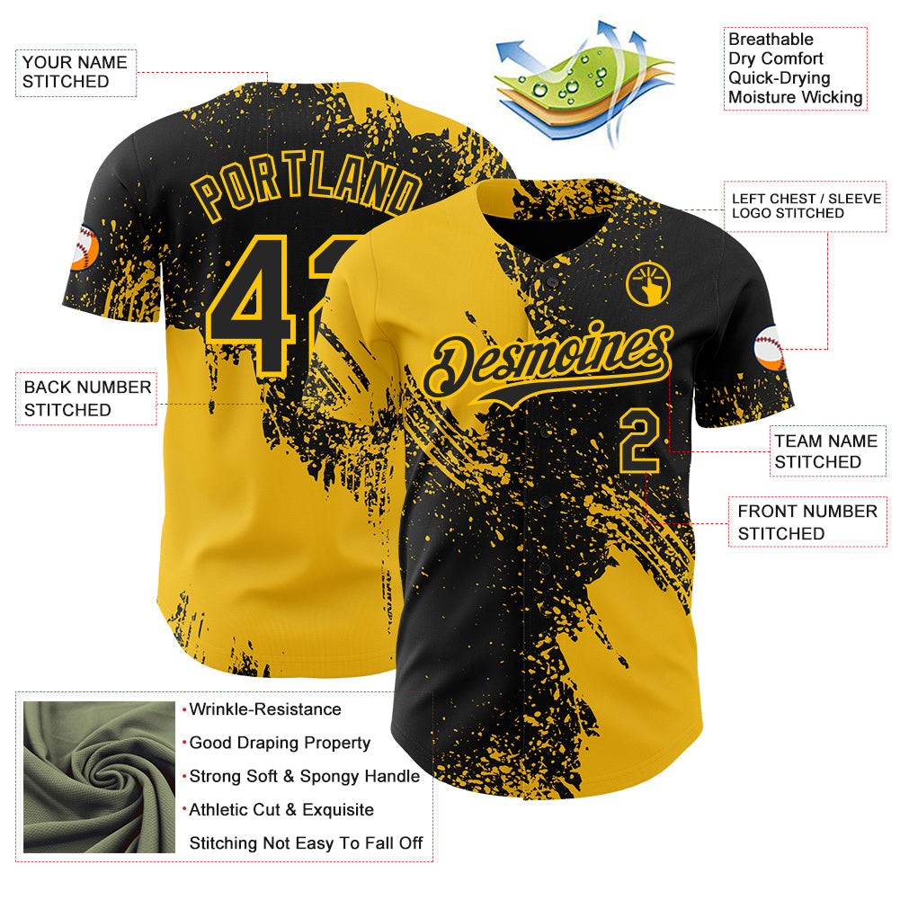 Custom Black-Yellow Abstract Brush Stroke Authentic Baseball Jersey