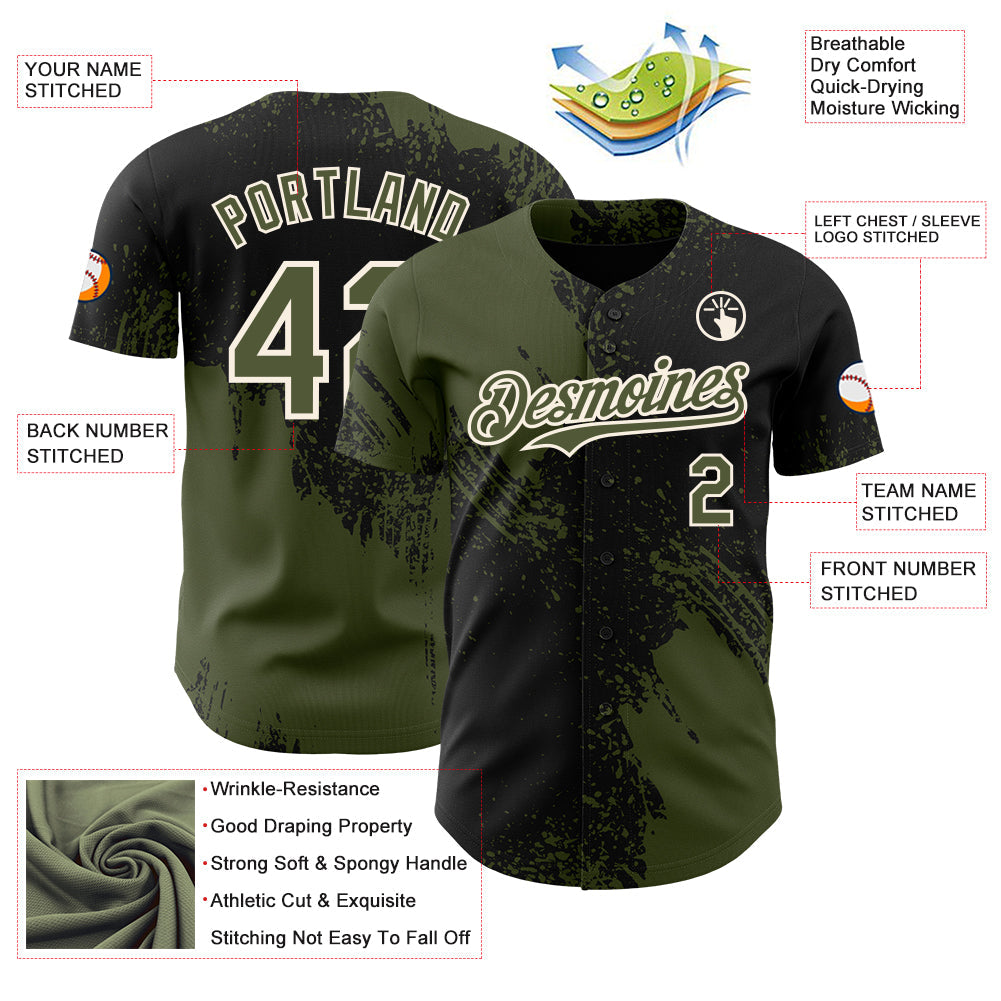 Custom Black Olive-Cream Abstract Brush Stroke Authentic Baseball Jersey