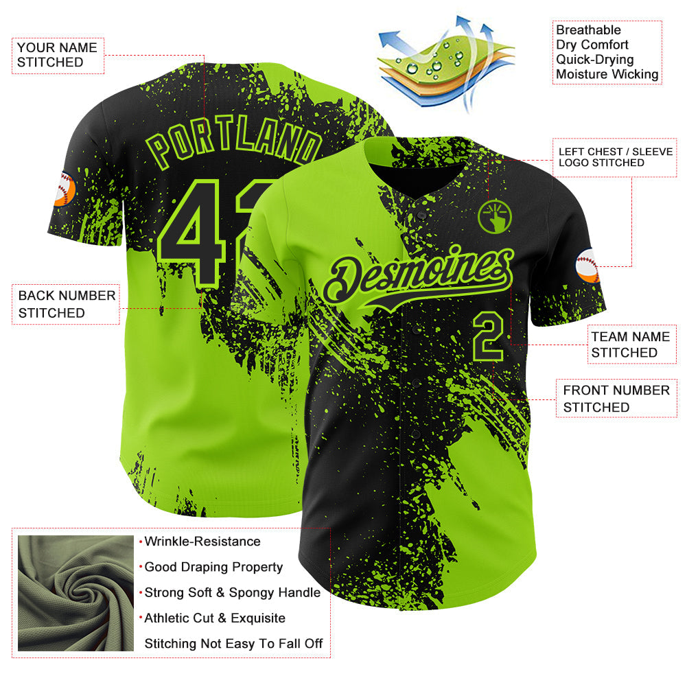 Custom Black-Neon Green Abstract Brush Stroke Authentic Baseball Jersey