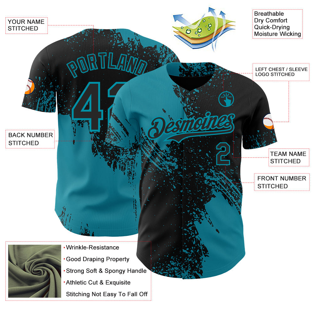 Custom Black-Teal Abstract Brush Stroke Authentic Baseball Jersey