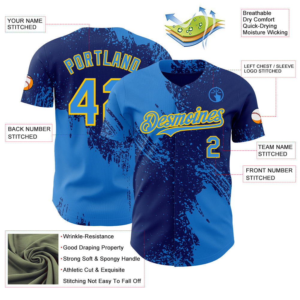Custom Royal Electric Blue-Yellow Abstract Brush Stroke Authentic Baseball Jersey