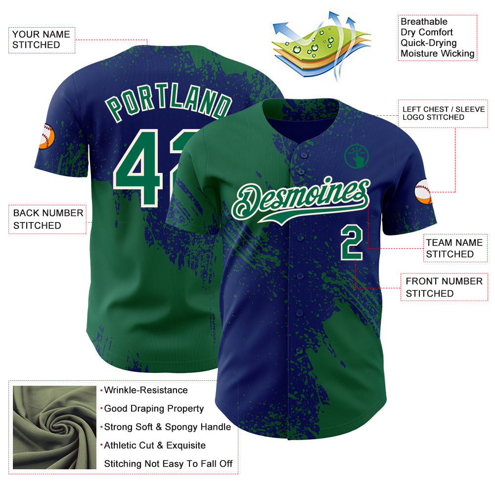 Custom Royal Kelly Green-Cream Abstract Brush Stroke Authentic Baseball Jersey