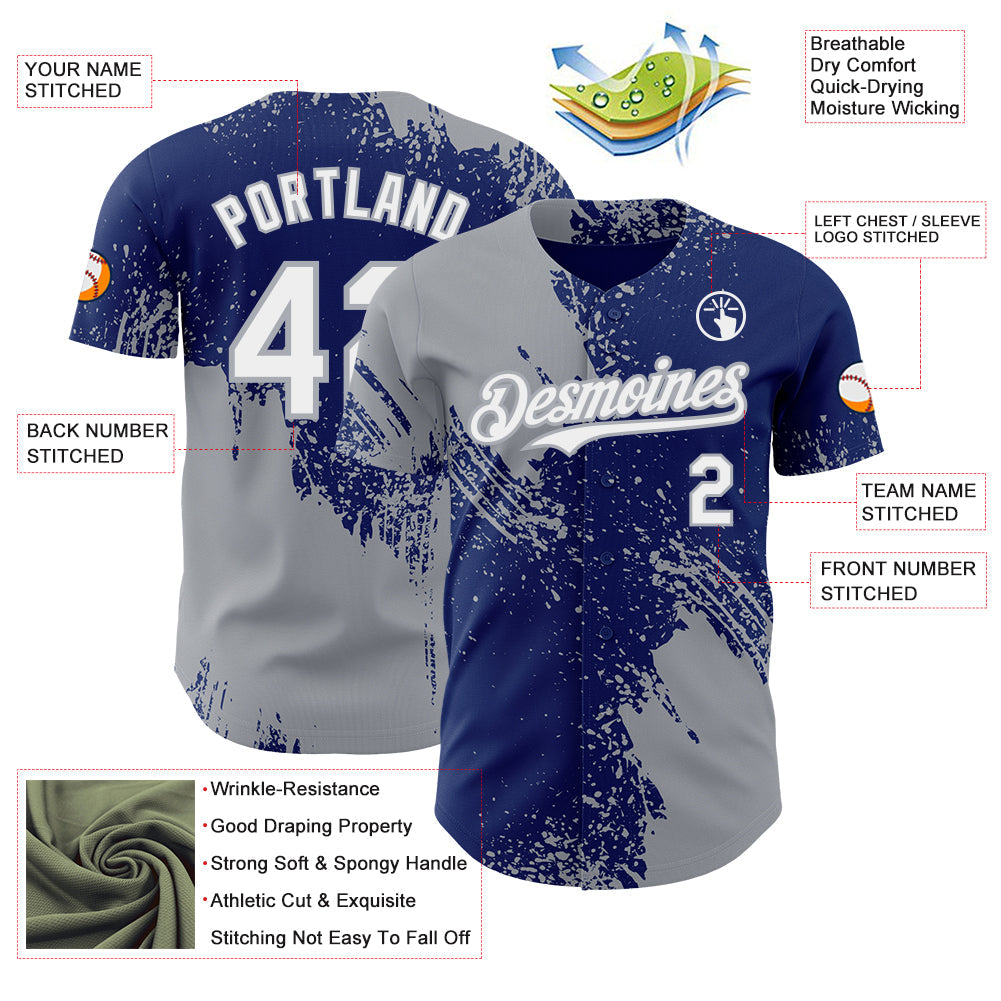 Custom Royal White-Gray Abstract Brush Stroke Authentic Baseball Jersey