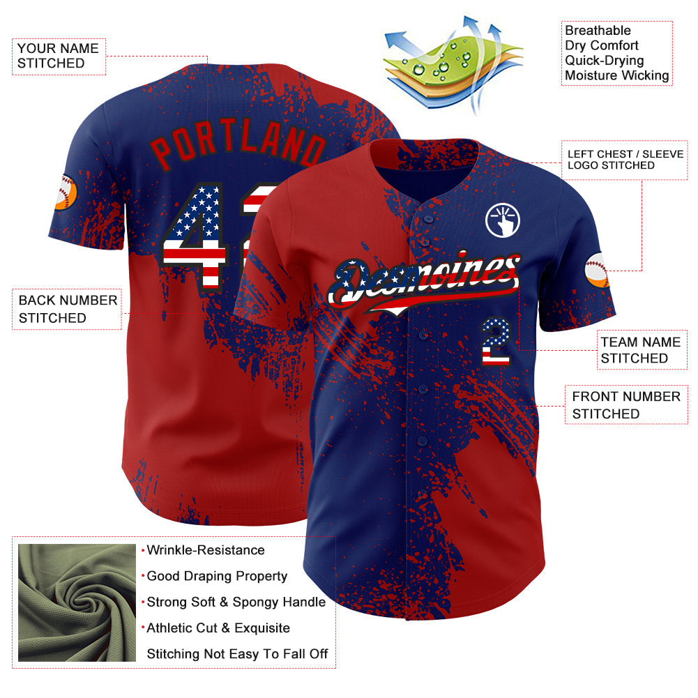 Custom Royal USA Flag Red-Black Abstract Brush Stroke Authentic Baseball Jersey