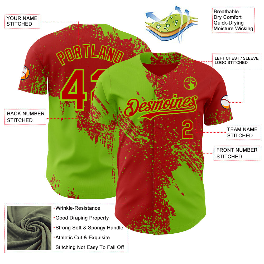 Custom Red-Neon Green Abstract Brush Stroke Authentic Baseball Jersey