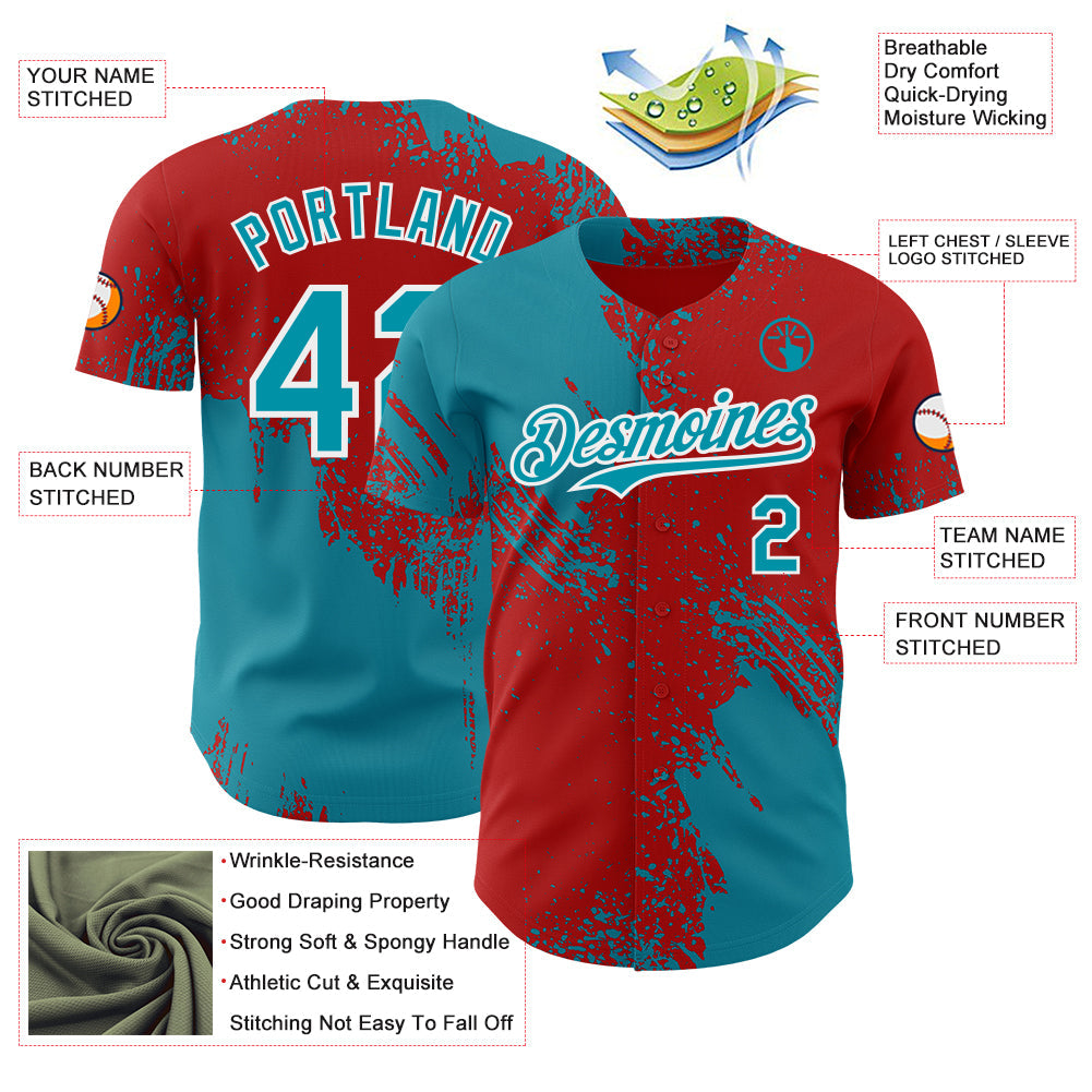 Custom Red Teal-White Abstract Brush Stroke Authentic Baseball Jersey