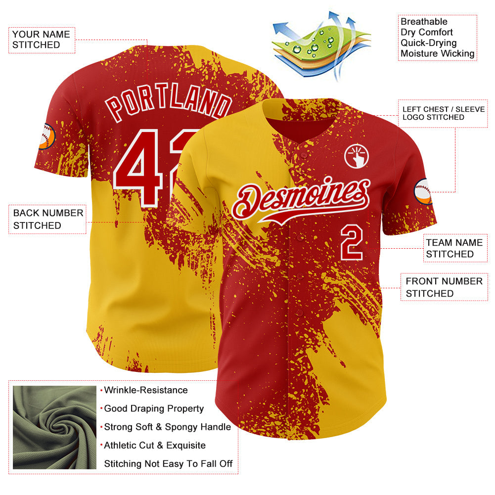 Custom Red Yellow-White Abstract Brush Stroke Authentic Baseball Jersey