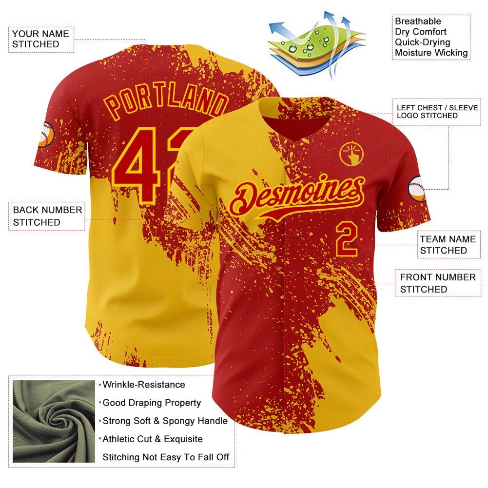 Custom Red-Yellow Abstract Brush Stroke Authentic Baseball Jersey