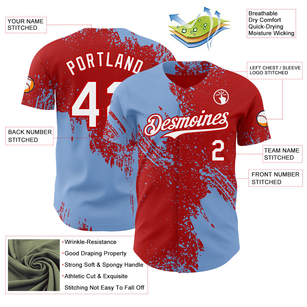 Custom Red White-Light Blue Abstract Brush Stroke Authentic Baseball Jersey