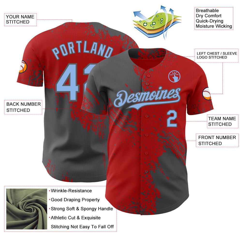 Custom Red Light Blue-Steel Gray Abstract Brush Stroke Authentic Baseball Jersey