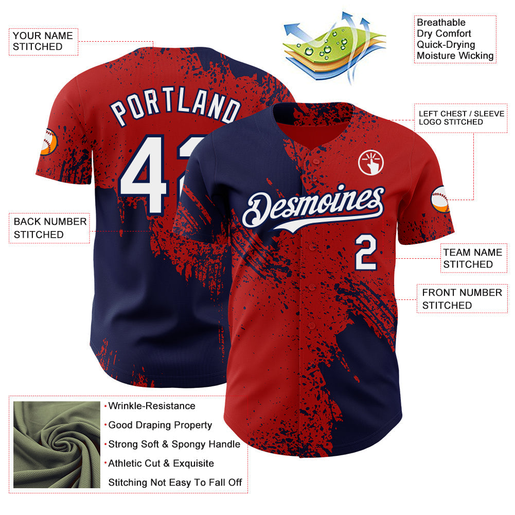 Custom Red White-Navy Abstract Brush Stroke Authentic Baseball Jersey