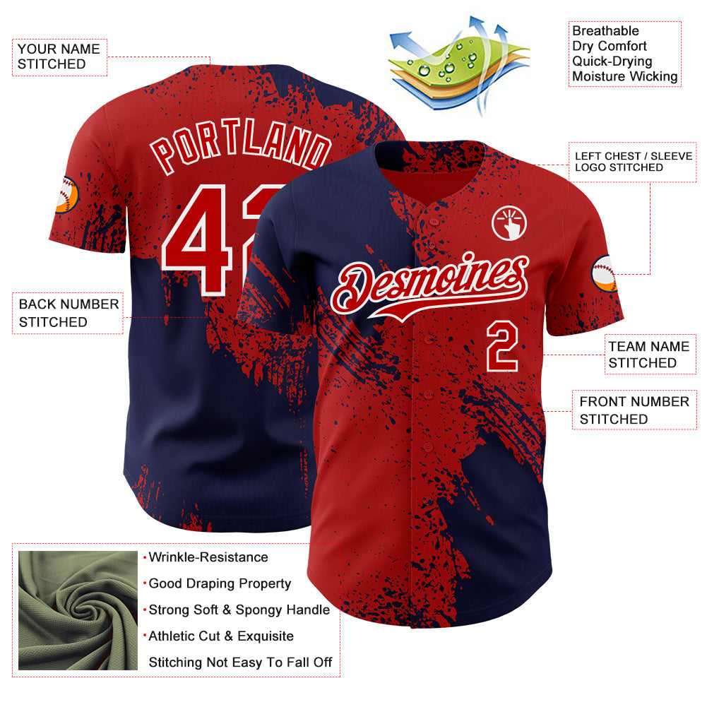Custom Red Navy-White Abstract Brush Stroke Authentic Baseball Jersey
