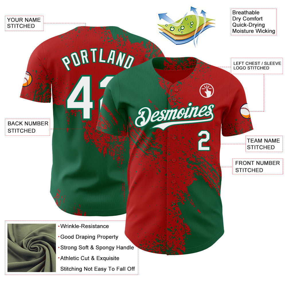 Custom Red White-Kelly Green Abstract Brush Stroke Authentic Baseball Jersey