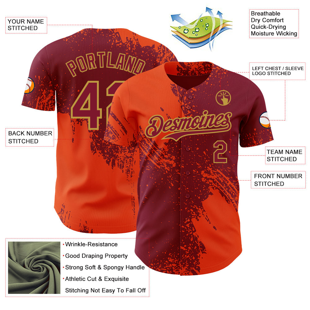 Custom Crimson Orange-Old Gold Abstract Brush Stroke Authentic Baseball Jersey