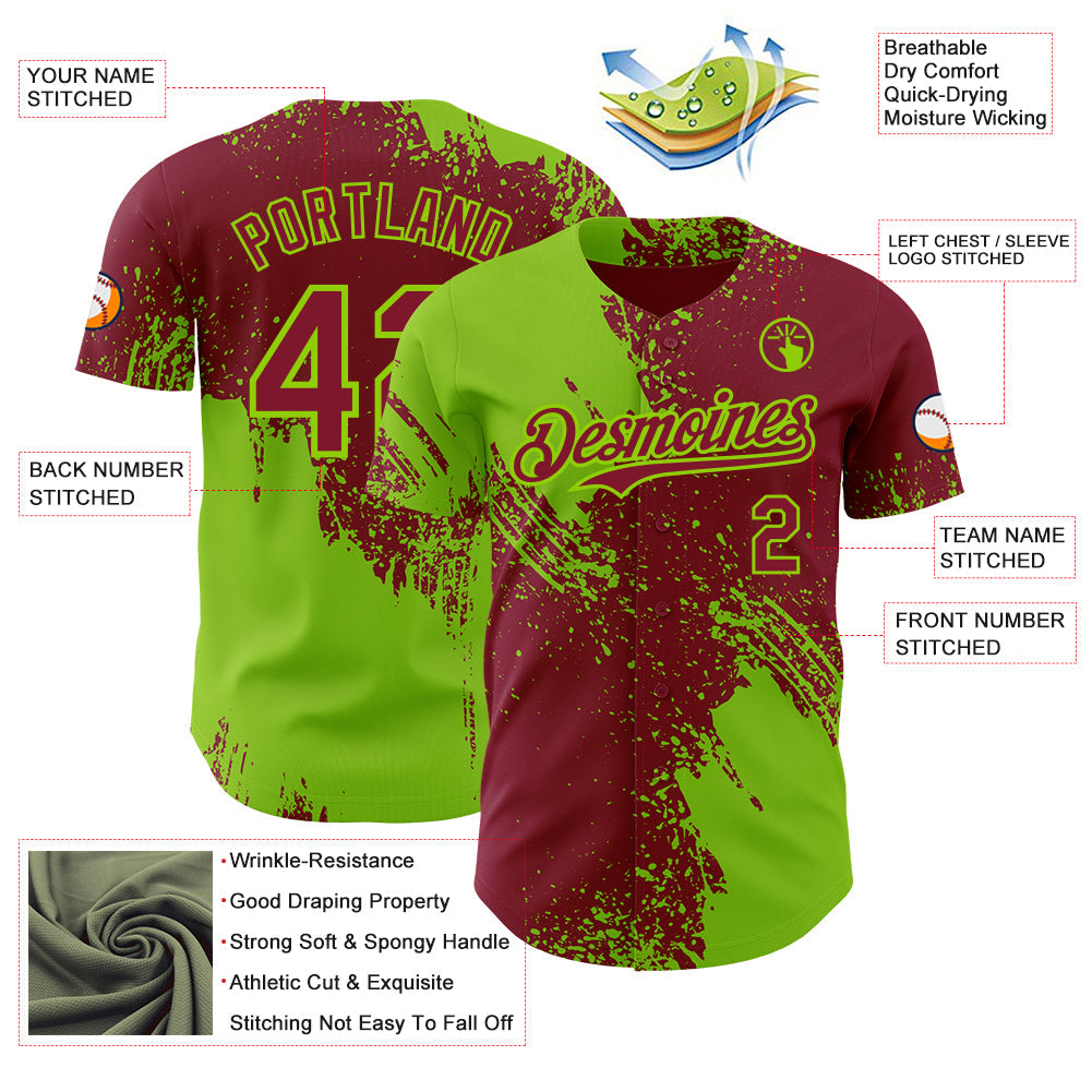 Custom Crimson-Neon Green Abstract Brush Stroke Authentic Baseball Jersey