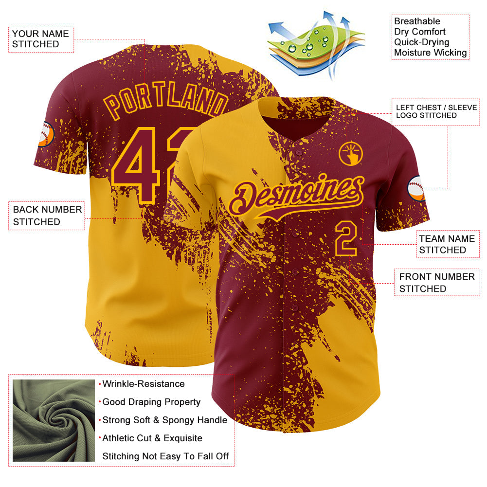 Custom Crimson-Gold Abstract Brush Stroke Authentic Baseball Jersey