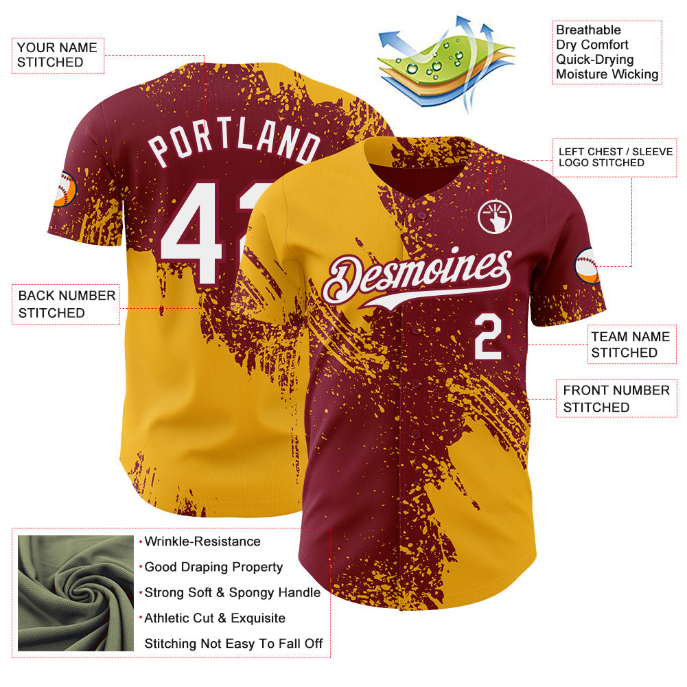 Custom Crimson White-Gold Abstract Brush Stroke Authentic Baseball Jersey