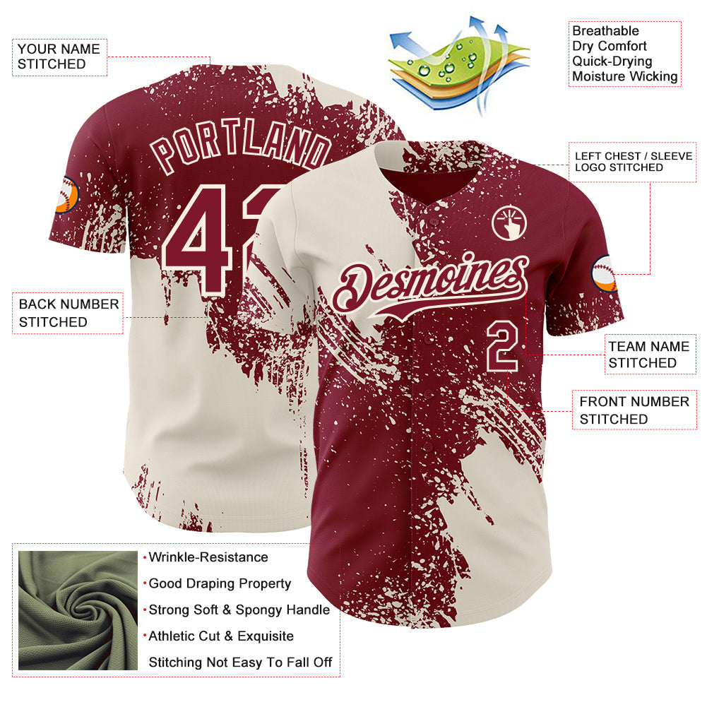 Custom Crimson-Cream Abstract Brush Stroke Authentic Baseball Jersey