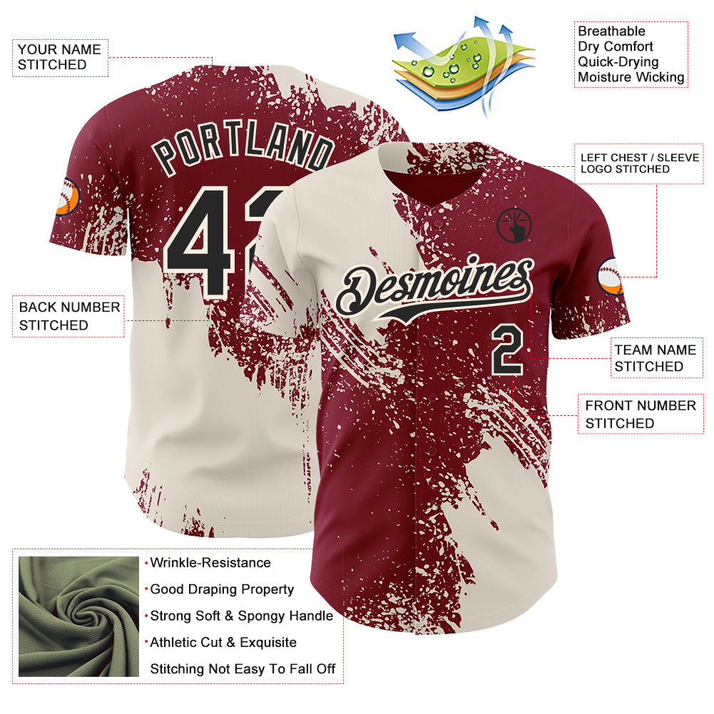 Custom Crimson Black-Cream Abstract Brush Stroke Authentic Baseball Jersey