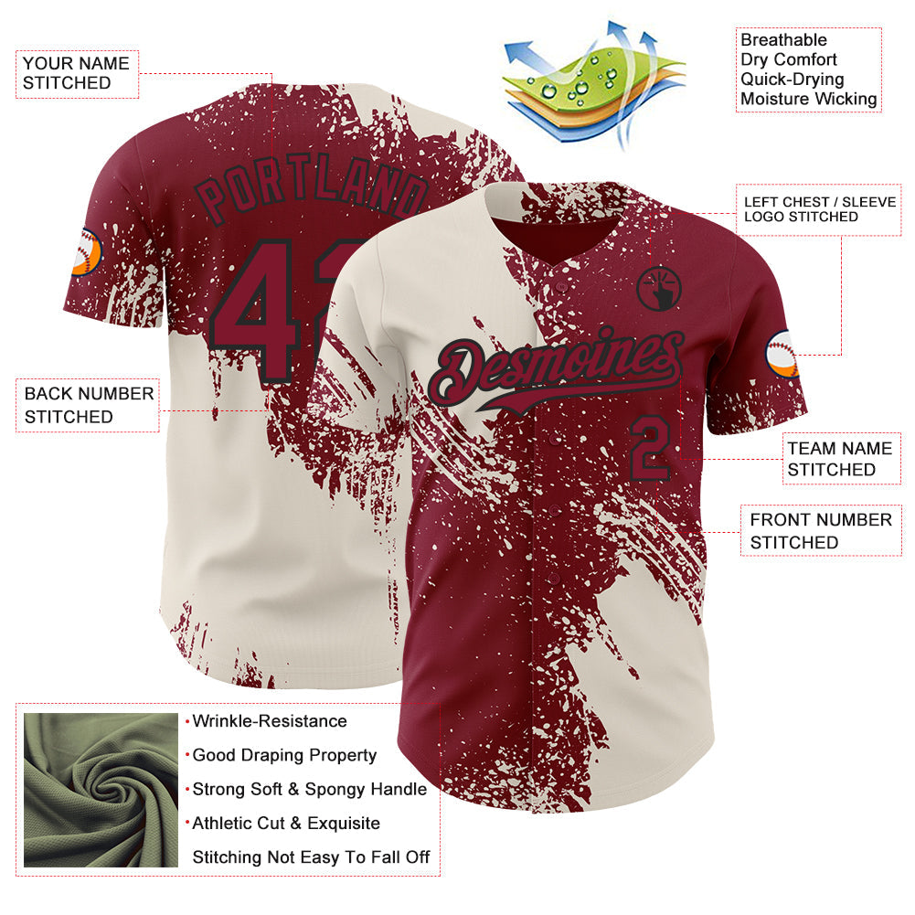 Custom Crimson Cream-Black Abstract Brush Stroke Authentic Baseball Jersey