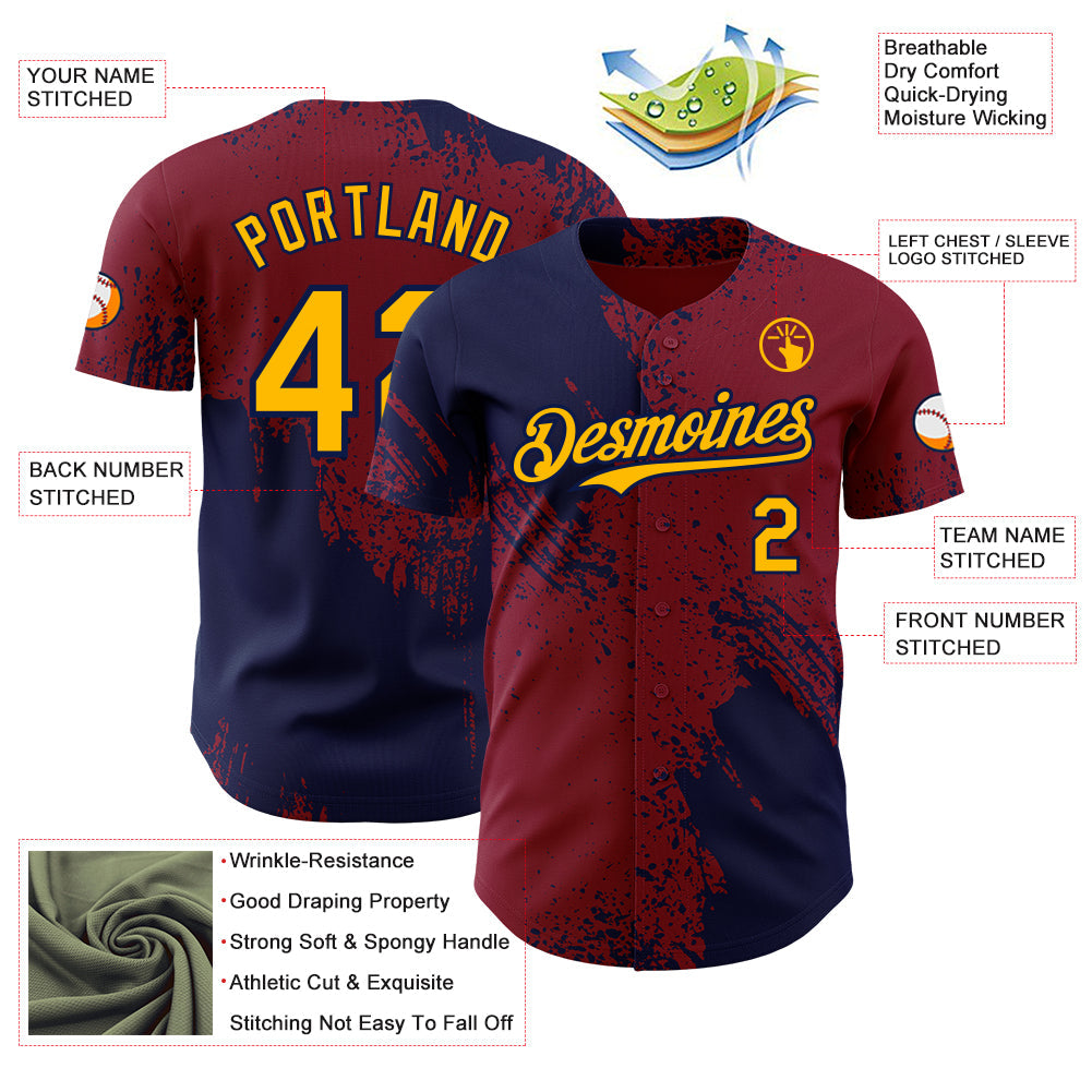 Custom Crimson Gold-Navy Abstract Brush Stroke Authentic Baseball Jersey
