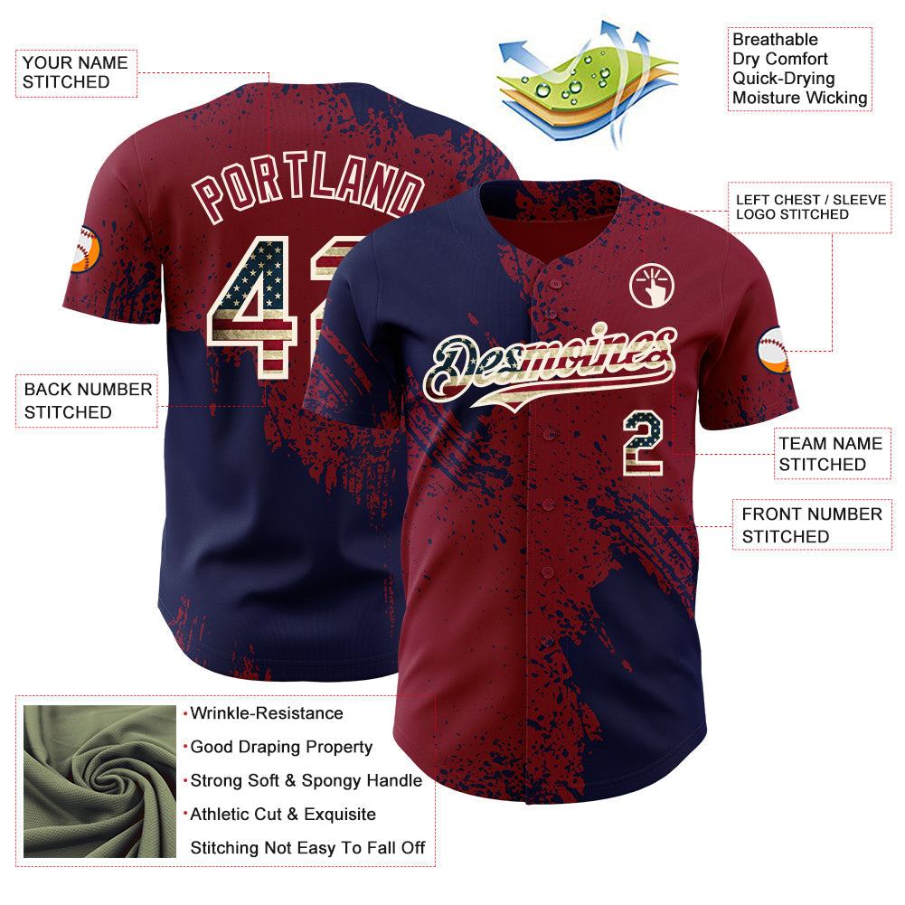 Custom Crimson Vintage USA Flag Navy-Cream Abstract Brush Stroke Authentic Baseball Jersey