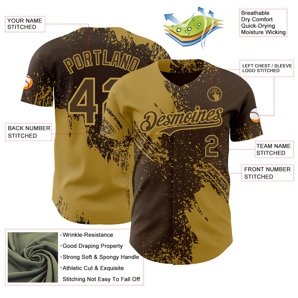 Custom Brown-Old Gold Abstract Brush Stroke Authentic Baseball Jersey