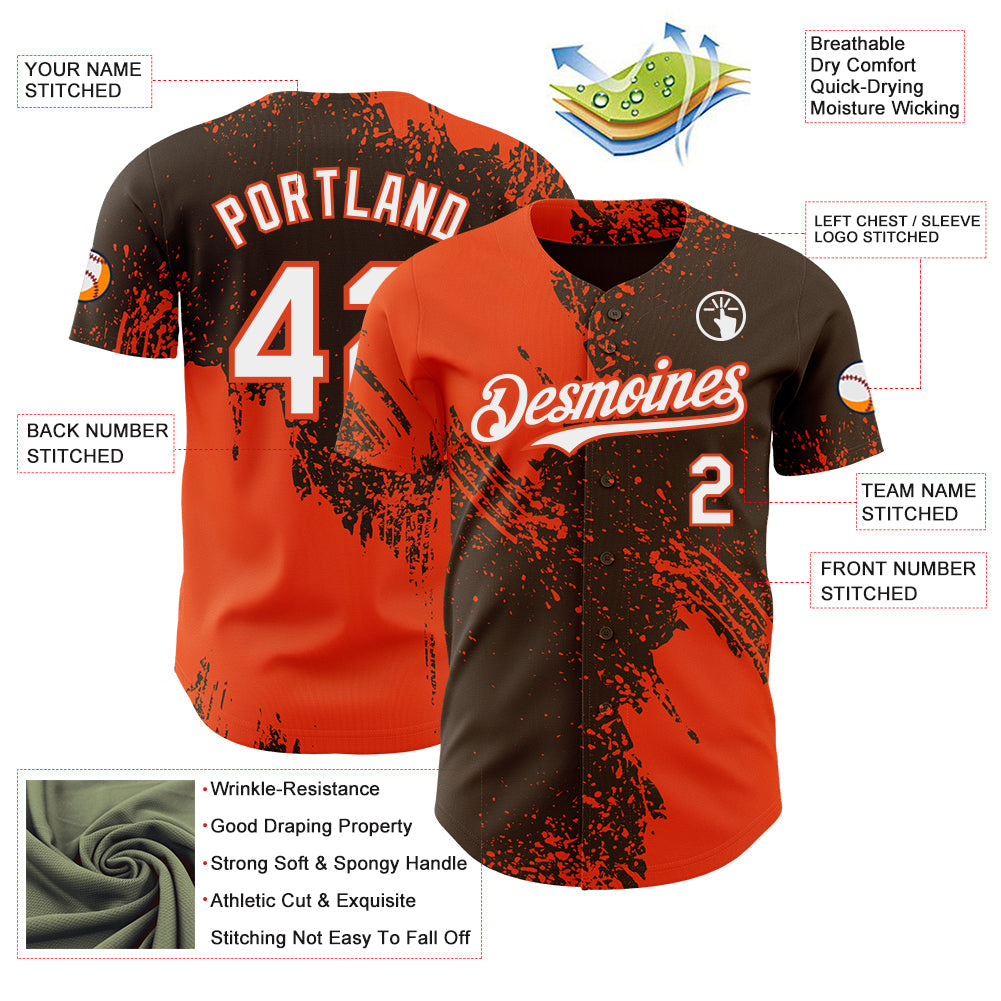 Custom Brown White-Orange Abstract Brush Stroke Authentic Baseball Jersey