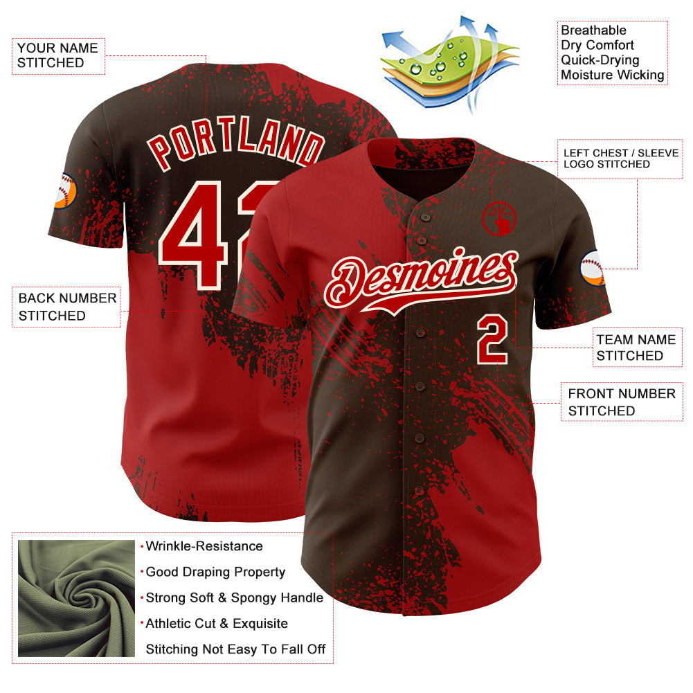 Custom Brown Red-Cream Abstract Brush Stroke Authentic Baseball Jersey