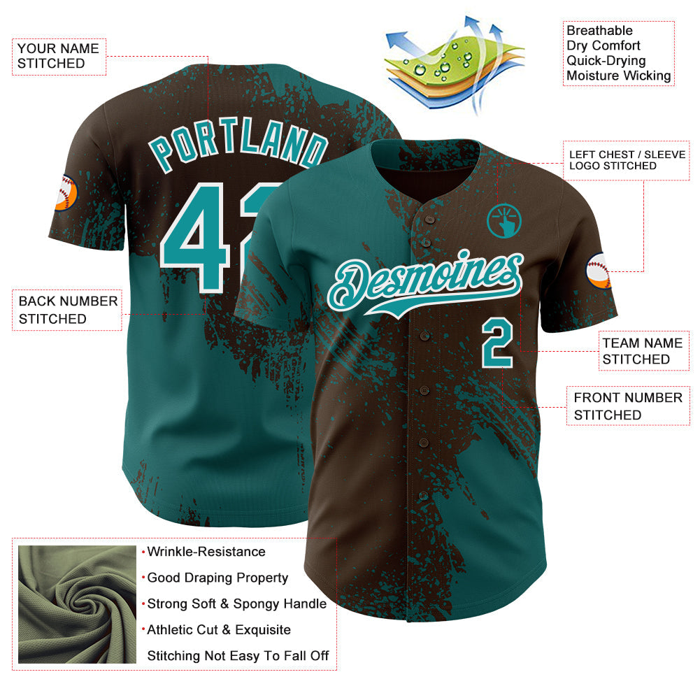 Custom Brown Teal-White Abstract Brush Stroke Authentic Baseball Jersey