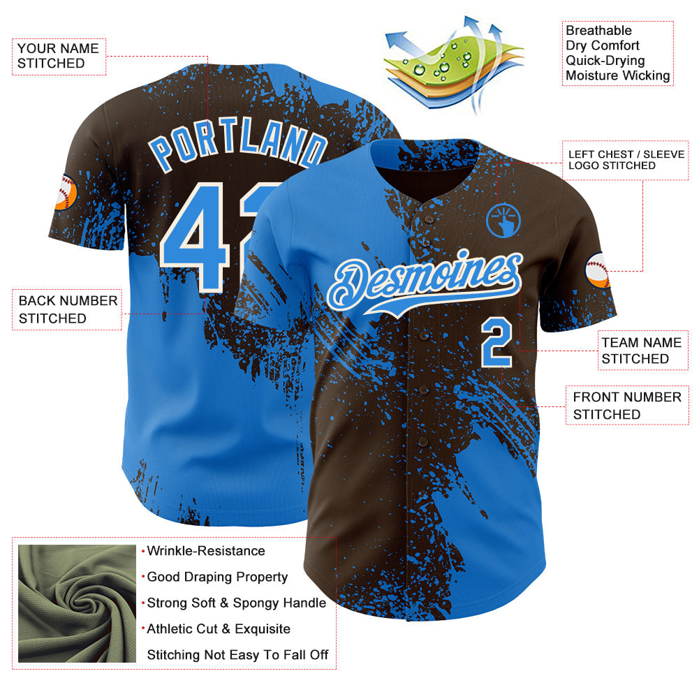 Custom Brown Electric Blue-Cream Abstract Brush Stroke Authentic Baseball Jersey