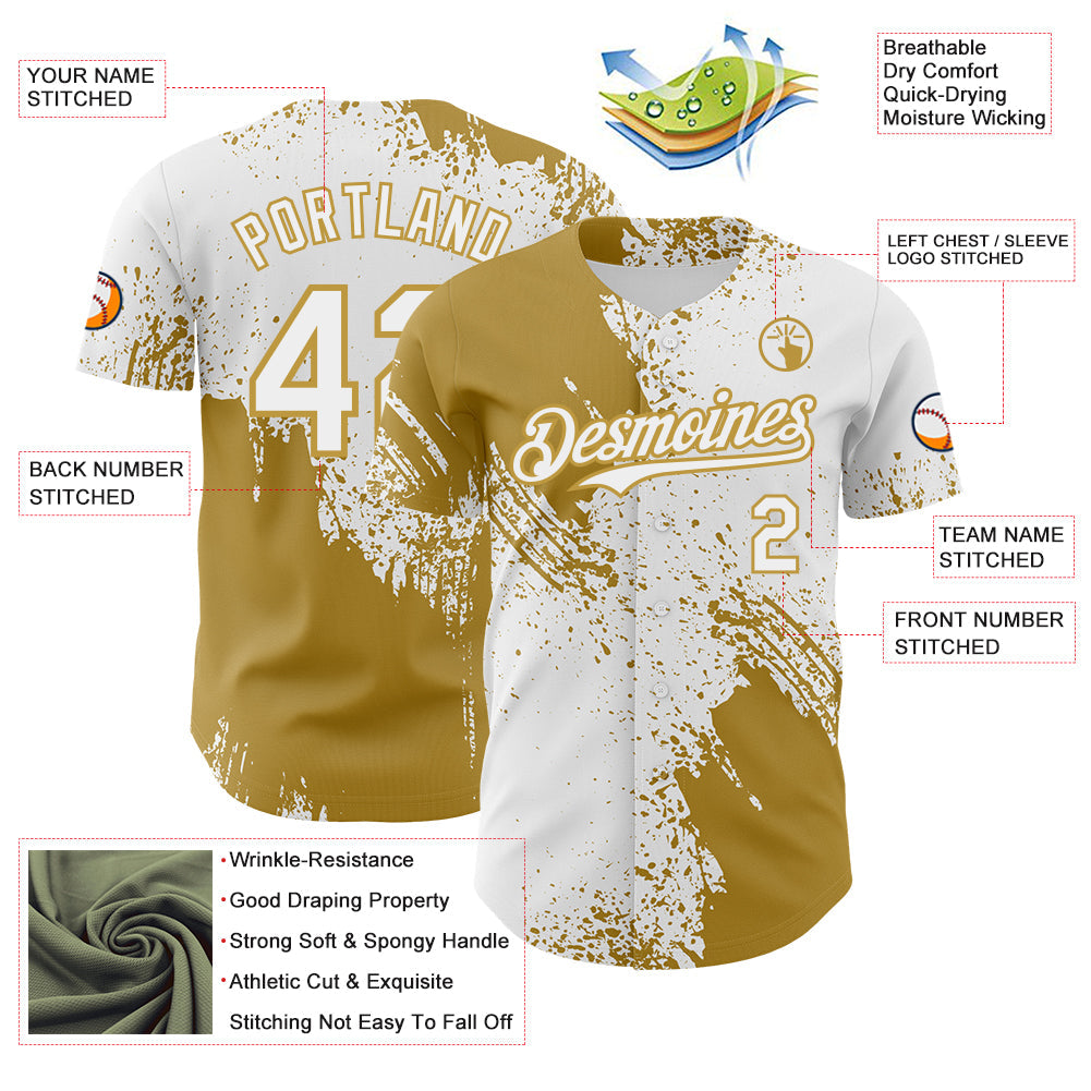 Custom White-Old Gold Abstract Brush Stroke Authentic Baseball Jersey