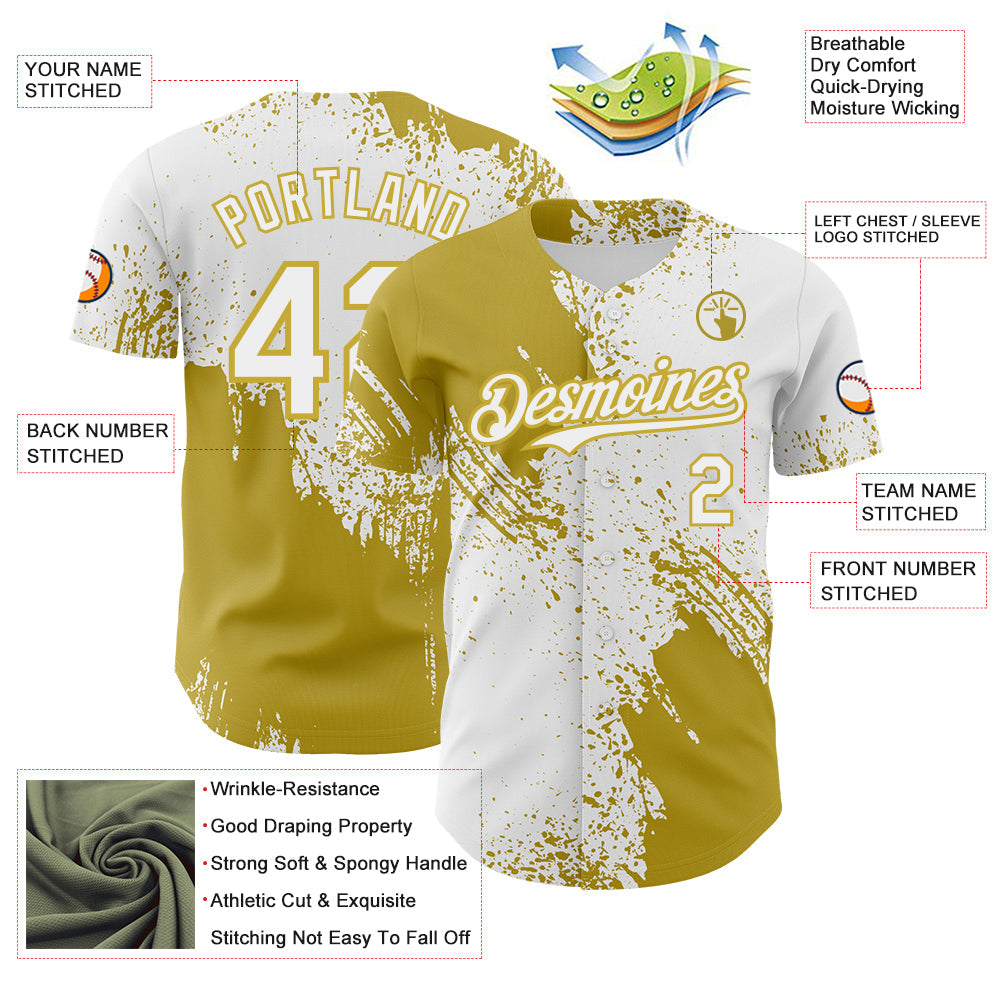 Custom White-Old Gold Abstract Brush Stroke Authentic Baseball Jersey