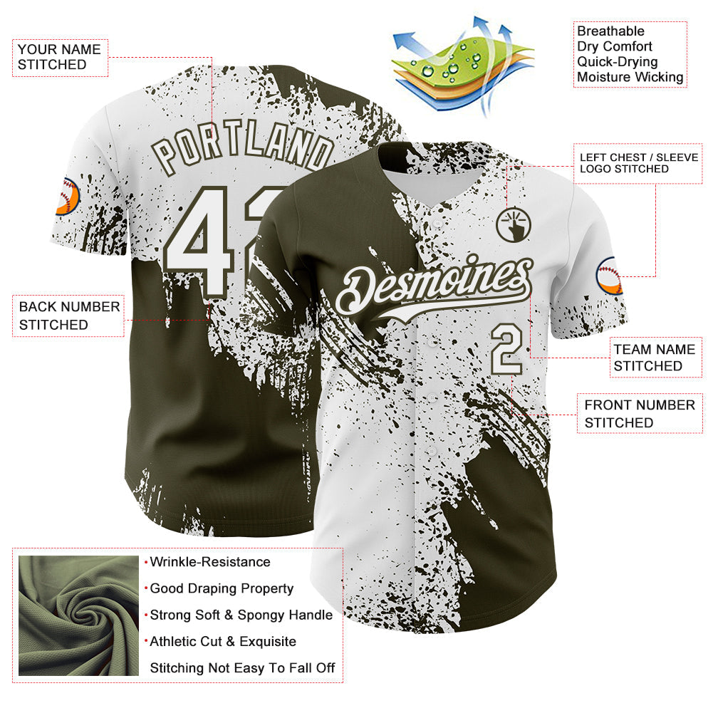 Custom White-Olive Abstract Brush Stroke Authentic Baseball Jersey
