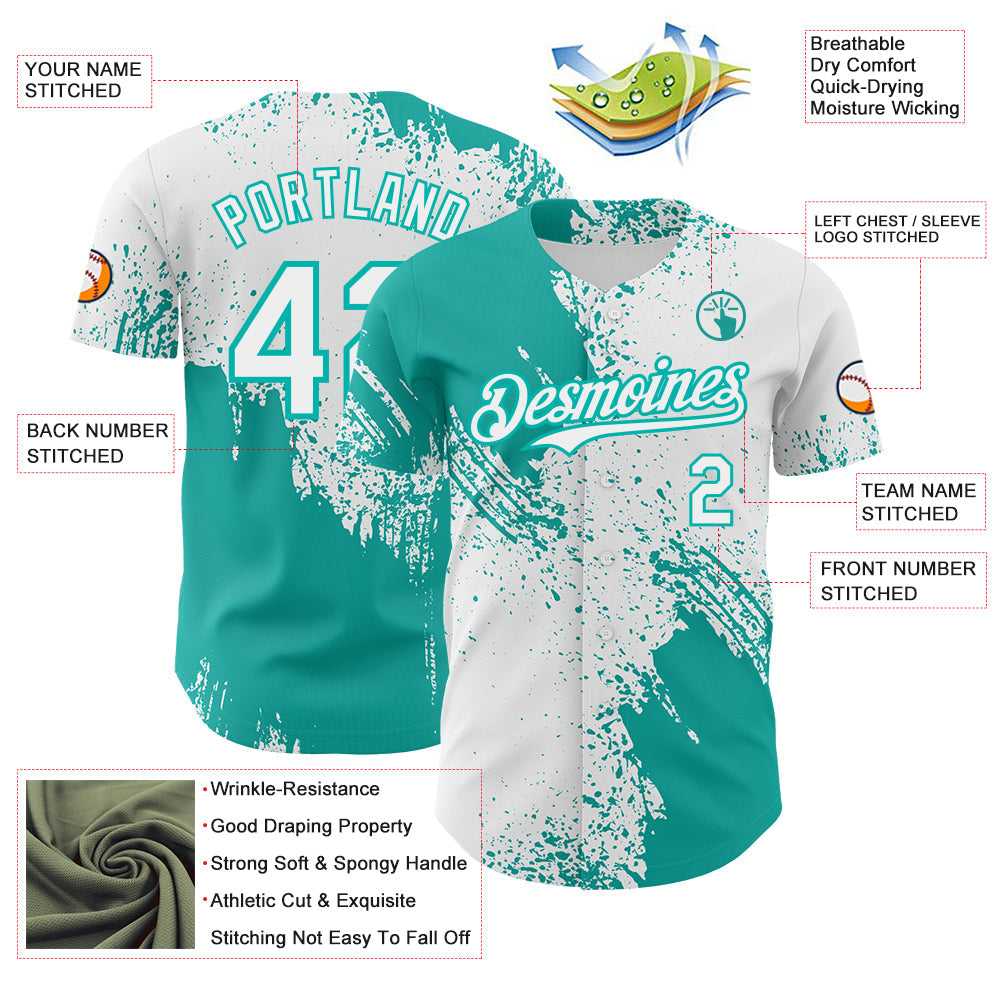 Custom White-Aqua Abstract Brush Stroke Authentic Baseball Jersey