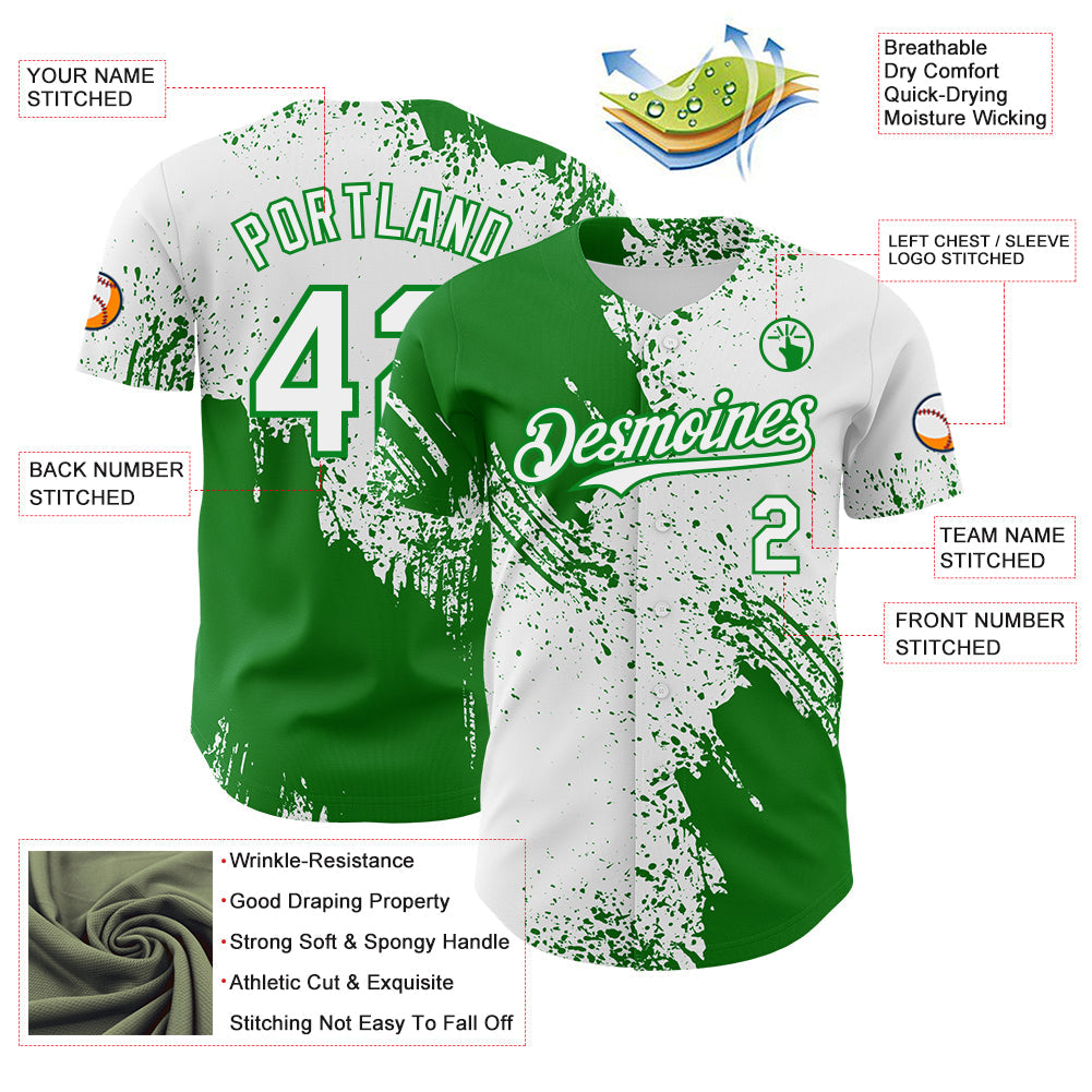 Custom White-Grass Green Abstract Brush Stroke Authentic Baseball Jersey