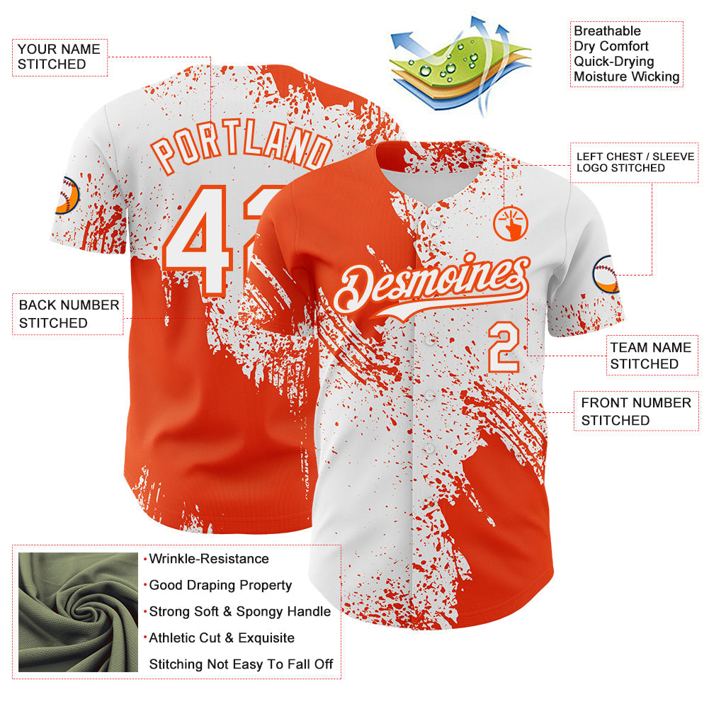 Custom White-Orange Abstract Brush Stroke Authentic Baseball Jersey