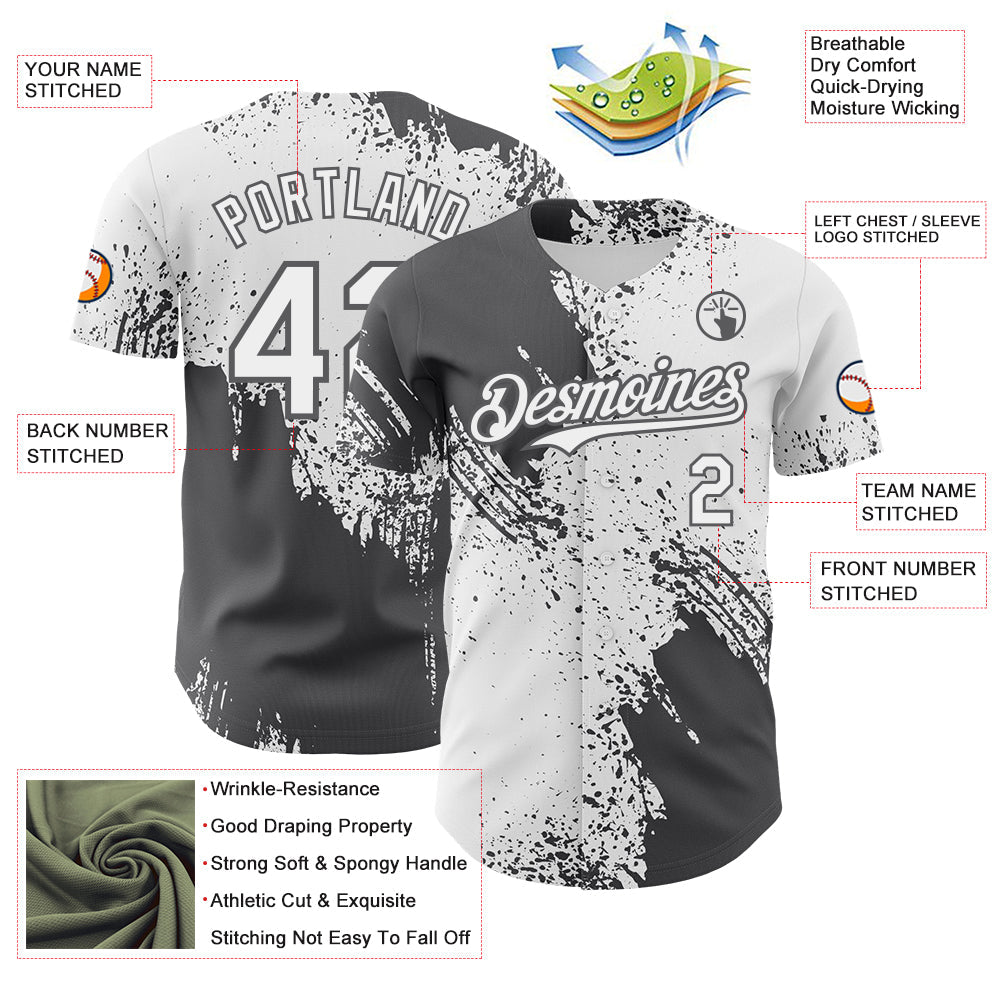 Custom White-Steel Gray Abstract Brush Stroke Authentic Baseball Jersey