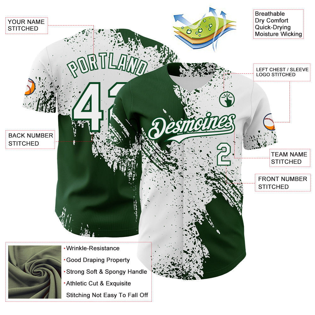 Custom White-Green Abstract Brush Stroke Authentic Baseball Jersey