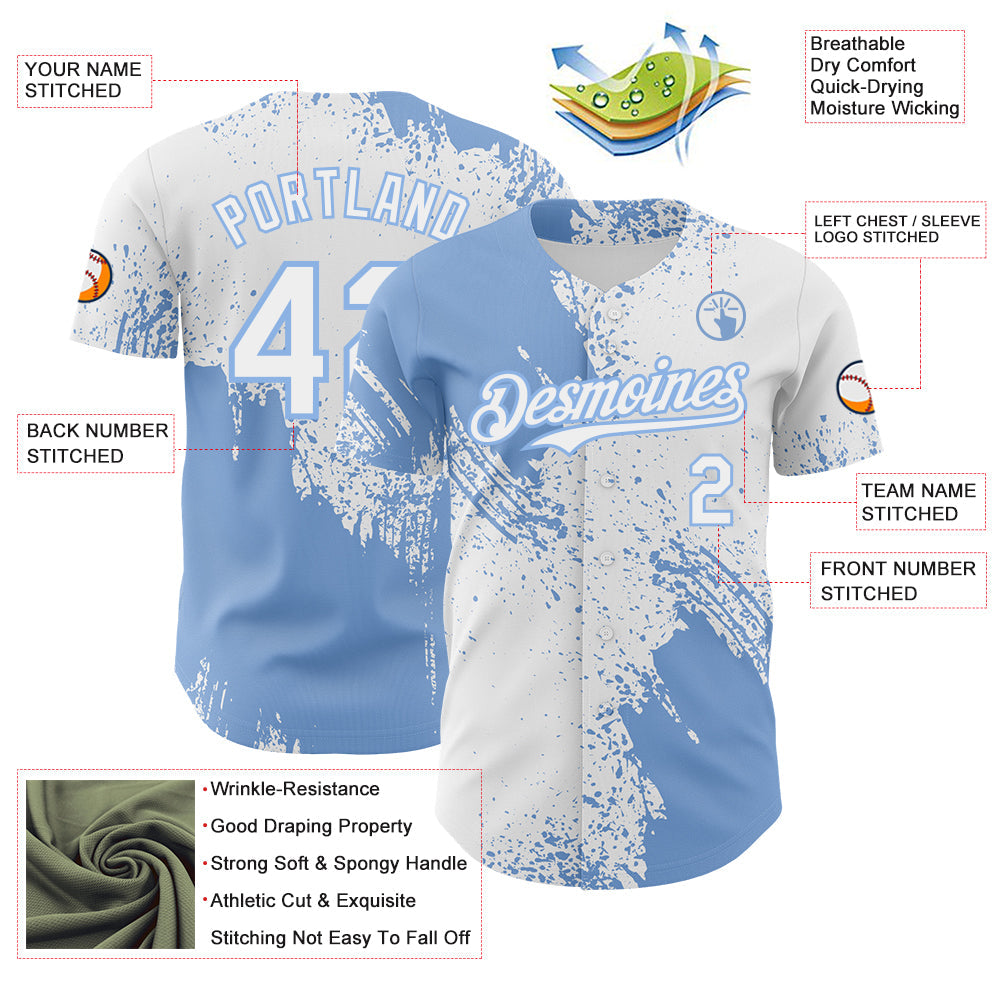 Custom White-Light Blue Abstract Brush Stroke Authentic Baseball Jersey