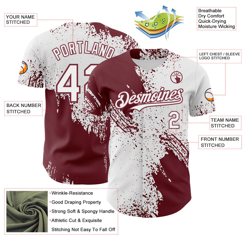 Custom White-Burgundy Abstract Brush Stroke Authentic Baseball Jersey