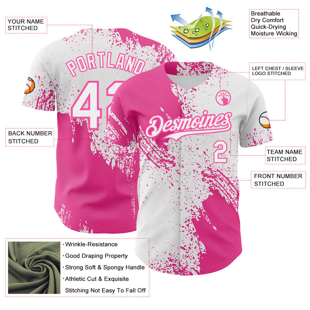 Custom White-Pink Abstract Brush Stroke Authentic Baseball Jersey