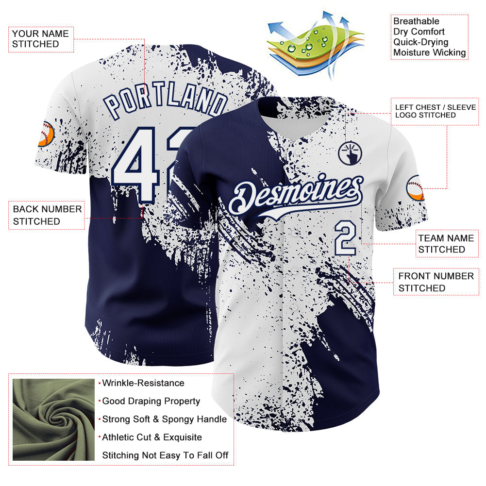 Custom White-Navy Abstract Brush Stroke Authentic Baseball Jersey