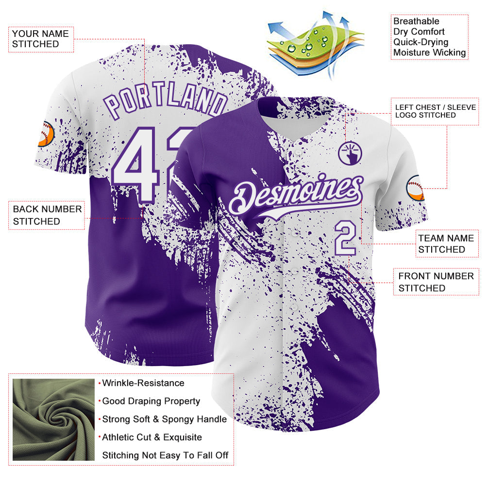 Custom White-Purple Abstract Brush Stroke Authentic Baseball Jersey